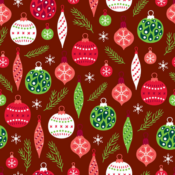 Christmas seamless pattern with fir branches, balls, baubles and snowflakes Christmas seamless pattern with fir branches, balls, baubles and snowflakes on dark red background. Perfect for holiday invitations, winter greeting cards, wallpaper and gift paper christmas paper illustrations stock illustrations
