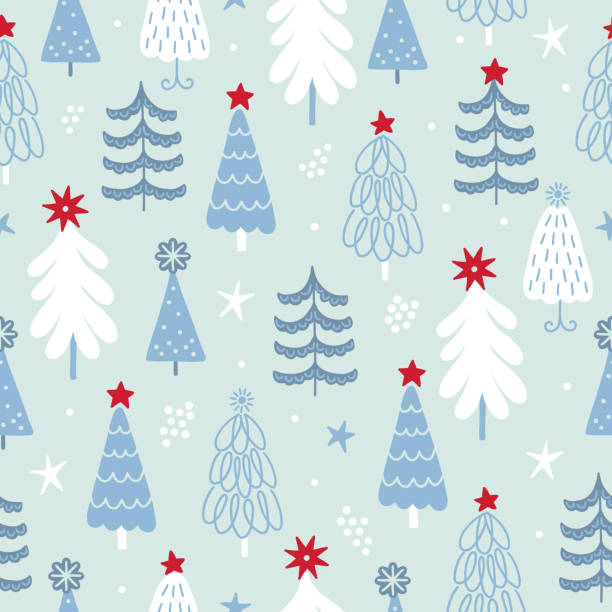 bildbanksillustrationer, clip art samt tecknat material och ikoner med christmas seamless pattern with fir trees, stars, snowflakes. scandinavian style - skog sverige