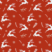 istock Christmas seamless pattern with forest cute deer animals, fir, pine twigs and snowflakes. Beautiful pattern for gift wrapping papers, greeting cards, decoration. 1316878959
