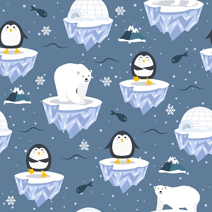 Christmas seamless pattern with penguin on ice floe background, Winter pattern with polar bear, wrapping paper, pattern fills, winter greetings, web page background, Christmas and New Year greeting cards