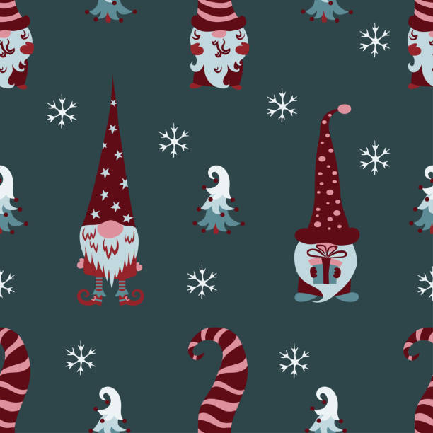 bildbanksillustrationer, clip art samt tecknat material och ikoner med jul sömlösa mönster med scandinawian tomtar, tallar och snöflingor på grå bakgrund. - skog sverige