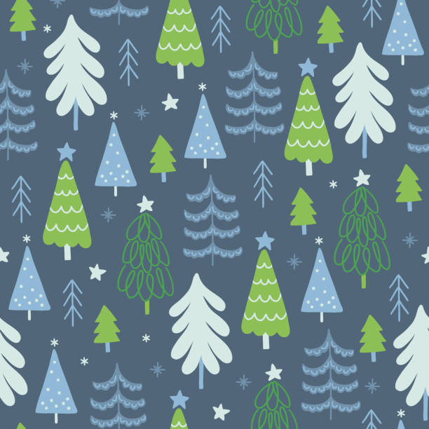 bildbanksillustrationer, clip art samt tecknat material och ikoner med christmas seamless pattern with stars, fir trees, snowflakes. scandinavian style - skog sverige