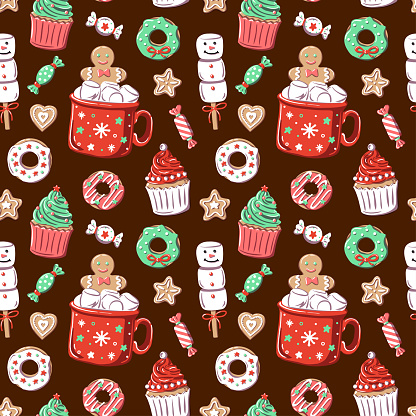 Christmas seamless pattern with sweet and tasty elements.