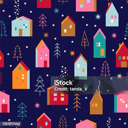 istock Christmas seamless pattern,houses,christmas trees. 1351817443