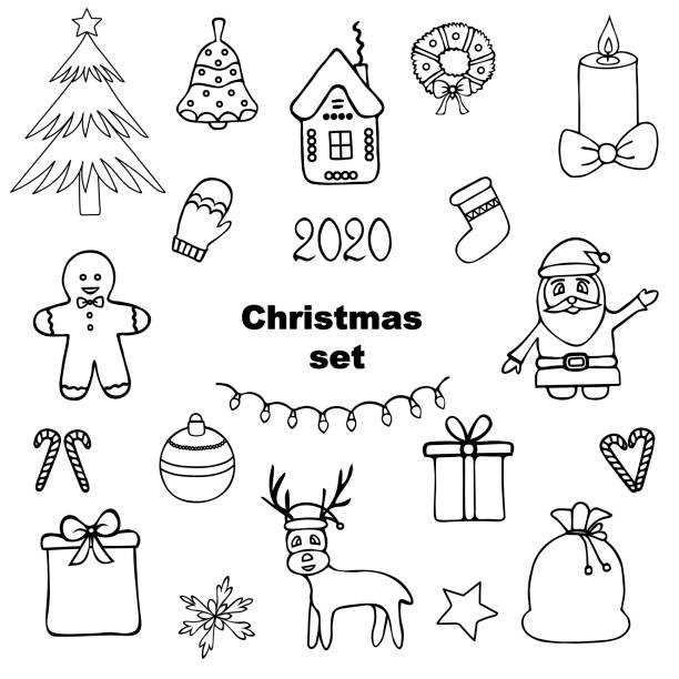 Christmas set. Colorless background. Christmas set. Colorless background. Vector. Coloring book for children. Christmas. New Year. Holiday print. gingerbread man coloring page stock illustrations