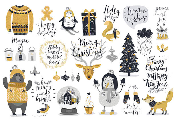 Christmas set, hand drawn style Christmas set, hand drawn style - calligraphy, animals and other elements. Vector illustration. winter drawings stock illustrations