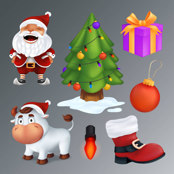 weihnachts-set enthält einen baum, geschenk-box, roten stiefel, girlande lampe, ball, weihnachtsmann, weißer stier - ein symbol des jahres. vektorgruppe von zeichentrickfiguren und dekorationen auf grauem hintergrund isoliert - nikolaus stiefel stock-grafiken, -clipart, -cartoons und -symbole