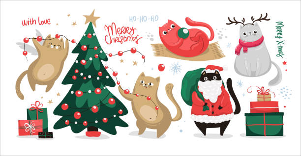 stockillustraties, clipart, cartoons en iconen met de reeks van kerstmis van elementen met katten, kerstboom, giften, de kerstman, hand getrokken belettering. - christmas cat