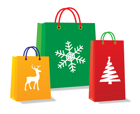 Vector illustration of three colorful chopping bags with Christmas symbols on them.