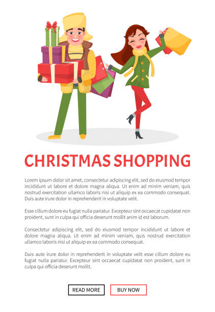 Christmas shopping poster, man and woman together. Female and...