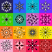 Set of sixteen black and white snowflake designs on colorful backgrounds