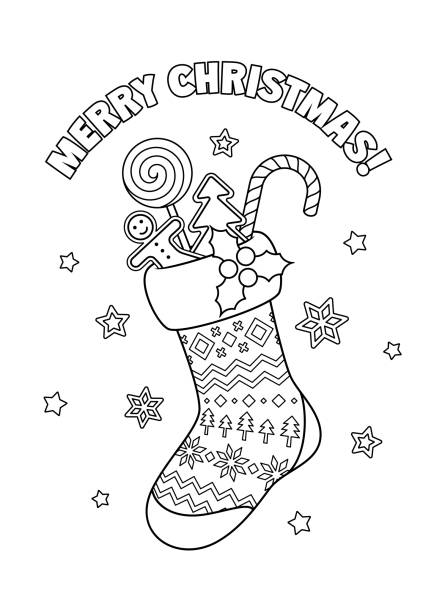 Christmas sock with candies and greeting. Cartoon vector coloring illustration. Christmas sock with candies and greeting. Cartoon vector illustration for coloring book page. gingerbread man coloring page stock illustrations