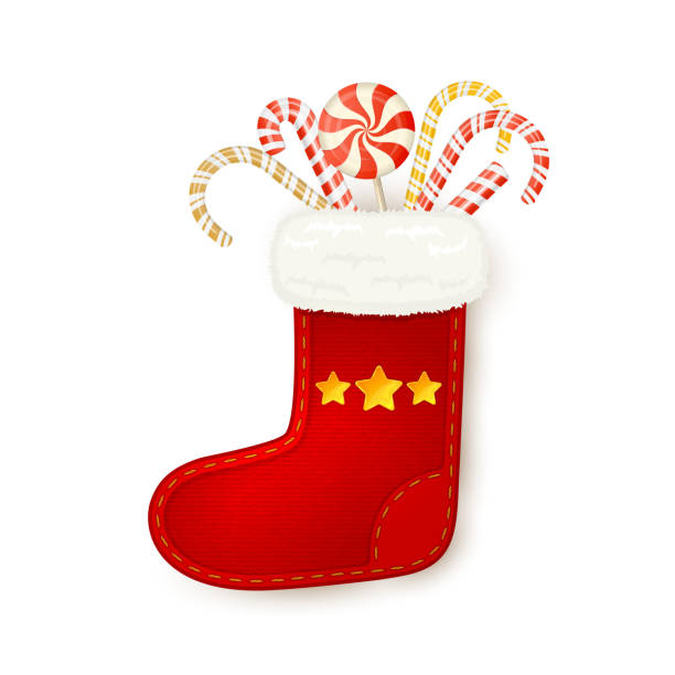 weihnachts-socken mit candy cane - nikolaus stiefel stock-grafiken, -clipart, -cartoons und -symbole