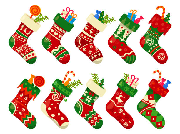 Christmas socks and gifts, New Year Xmas stockings Christmas socks with gifts, New Year stocking, vector Xmas winter holiday icons. Christmas socks hanging with Santa sweets gifts, Xmas decoration red green socks with snowflakes and reindeer ornament christmas stocking stock illustrations