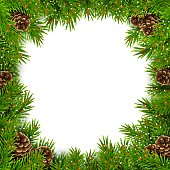 Square perimeter border made of evergreen spruce branches, pine cones and snowflakes. For Christmas decorations and greeting card designs. Isolated on a white background. Realistic vector