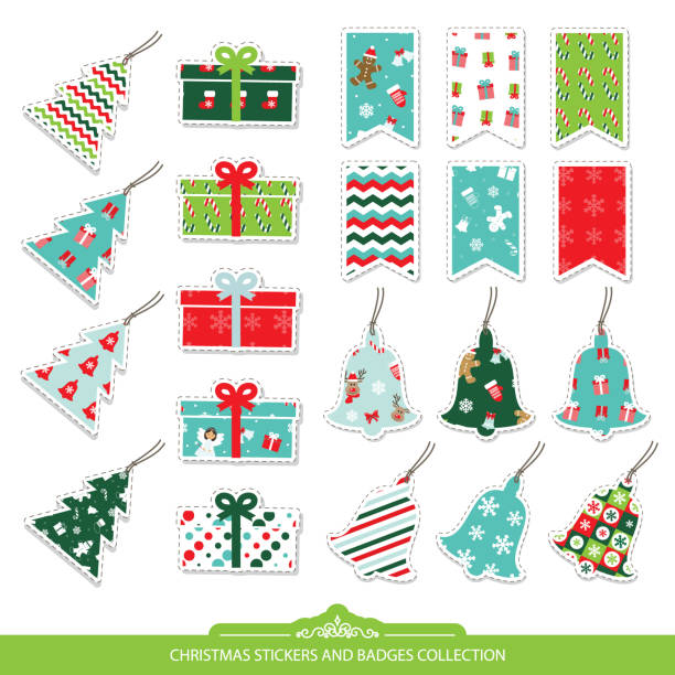 Christmas stickers and labels set. Christmas stickers and labels set isolated on white. Different festive patterns are full under clipping mack. Bunting flags, present boxes, bells, christmas trees. silhouette of christmas cookie border stock illustrations