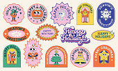 Collection of Christmas stickers with cute cartoon characters and holiday greetings. 
Editable vectors on layers.