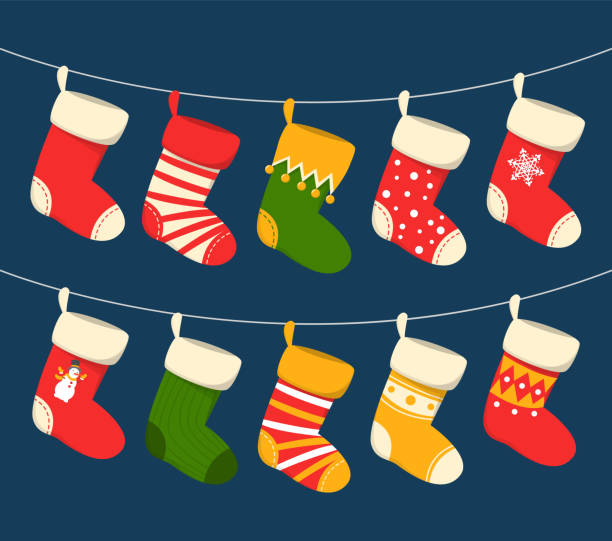 Christmas stocking hanging vector isolated Christmas stocking hanging vector isolated. Red and green sock for witner holiday. Home decoration, place for present. christmas stocking stock illustrations