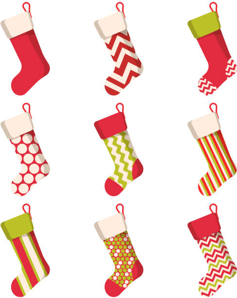 Christmas stocking set isolated on white background. Holiday Santa Claus Christmas stocking set isolated on white background. Holiday Santa Claus winter socks for gifts. Cartoon decorated present sock. Vector christmas stocking stock illustrations