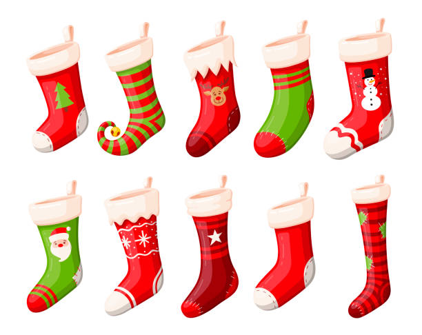 Christmas stockings or socks vector set Christmas stockings vector set isolated from background. Various traditional colorful and ornate christmas stockings or socks collection. 3d design illustrations. christmas stocking stock illustrations