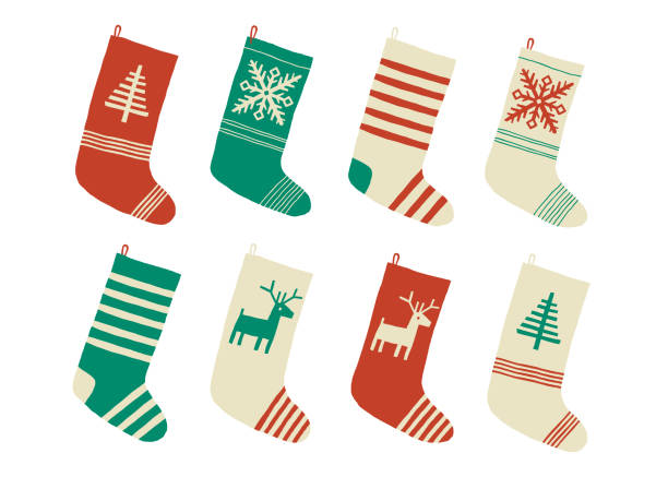 Christmas stockings. Various traditional colorful and ornate holiday stockings or socks collection. Cartoon New Year vector eps 10 illustration isolated on white background in a flat style. Christmas stockings. Various traditional colorful and ornate holiday stockings or socks collection. Cartoon New Year vector eps 10 illustration isolated on white background in a flat style christmas stocking stock illustrations