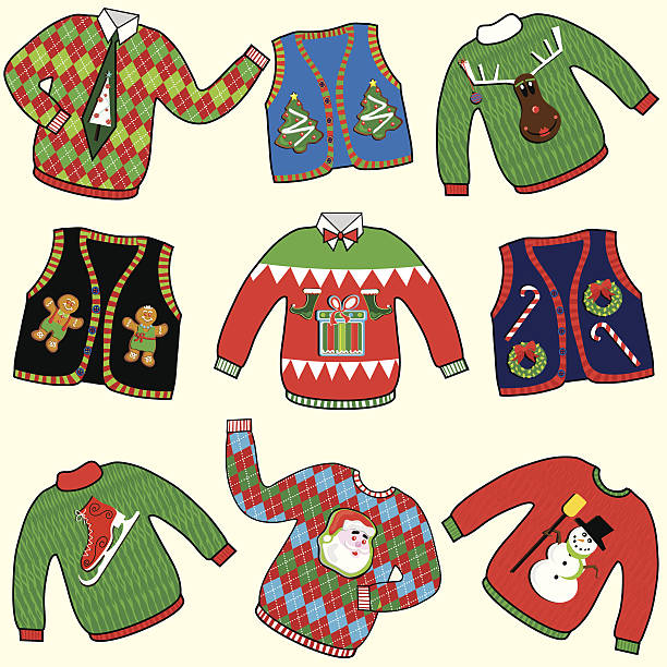 UGLY Christmas Sweaters Party Invitation Clipart Dare to wear ugly Christmas Sweaters clipart.  Great for your Christmas Party ugliness stock illustrations