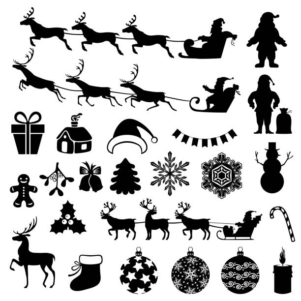 크리스마스 기호 세트 - 썰매 동물을 이용한 교통 stock illustrations