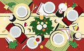 Christmas table top view with plates and decorated cutlery flat vector illustration. Red tablecloth with holiday dishes, napkins, candles, candlestick and xmas spruce wreath of fir branches.