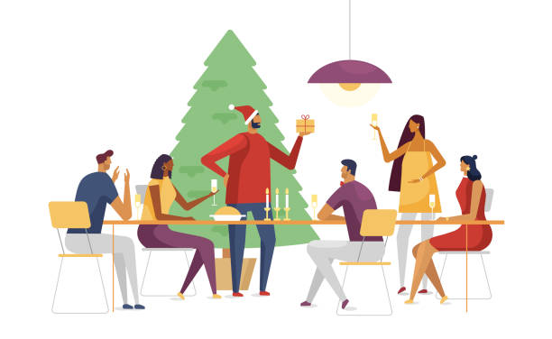 Christmas table with happy people. Vector illustration, flat design Christmas vector illustration on a white background. Happy friends celebrate at the same table. Template for your design. Merry Christmas and Happy new year. dinner stock illustrations