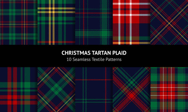 Christmas tartan plaid set. Blue, red, green, yellow dark textured decorative check plaid for flannel shirt, blanket, trousers, duvet cover, throw, or other New Year winter fashion textile print. Christmas tartan plaid set. Blue, red, green, yellow dark textured decorative check plaid for flannel shirt, blanket, trousers, duvet cover, throw, or other New Year winter fashion textile print. plaid stock illustrations