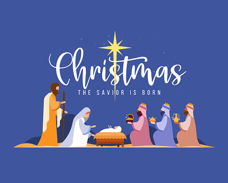 christmas the savior is born banner with Nativity of Jesus scene and Three wise men on dark night with star on sky background vector design