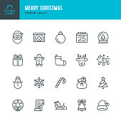 Christmas - thin line vector icon set. 20 linear icon. Editable stroke. Pixel Perfect. Set contains such icons as Santa Claus, Christmas, Gift, Reindeer, Christmas Tree, Winter, Gingerbread Man, Snowflake, Calendar.