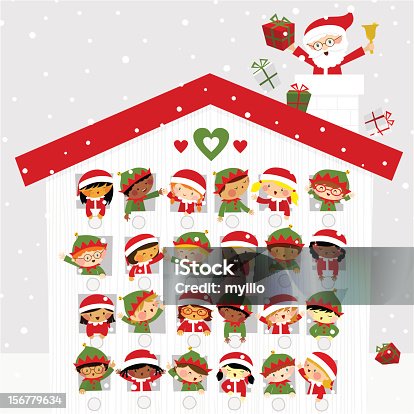 istock Christmas time cute kids elf santaclaus present gift snow calendar 156779634