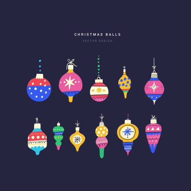 Christmas toy balls flat vector illustrations set Christmas toy balls flat vector illustrations set. Fir tree decorative elements, vintage baubles isolated on black background. Traditional Xmas, New Year holiday symbols of different size and shape christmas drawings stock illustrations