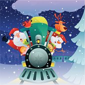 vector illustration of cheerful santa claus getting ready to go to journey by train with friends on christmas snowing eveaA|