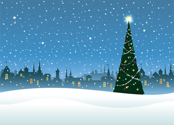ilustraciones, imágenes clip art, dibujos animados e iconos de stock de el árbol de navidad y el paisaje urbano - christmas lights house