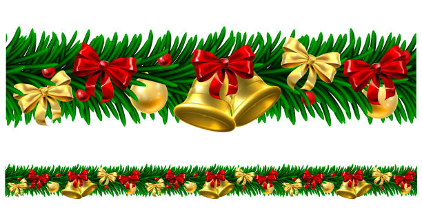 Christmas Tree Baubles Wreath Design Border A Christmas tree wreath garland design with bells, baubles and bows decorations. Seamlessly tillable to make any length pinaceae stock illustrations