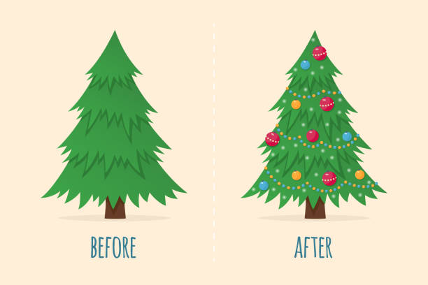 Christmas tree before and after. Happy holiday celebration. Happy new year symbol. Christmas tree before and after. Happy holiday celebration. Happy new year symbol. Vector illustration in flat and cartoon style christmas tree stock illustrations