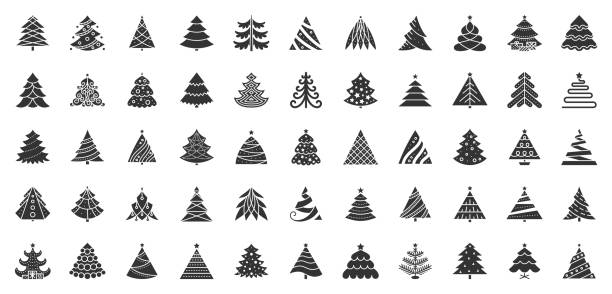 Christmas Tree black flat glyph icons vector set Christmas Tree flat glyph icons set. Xmas symbol, simple pictogram collection. Winter season design element. New year silhouette black sign. Isolated on white xmas icon concept vector illustration christmas silhouettes stock illustrations