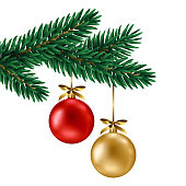 Fir tree branch with red and gold balls hanging, isolated on white background. Vector illustration. Merry Christmas and Happy New Year 2022 corner border frame for card, banner, flyer, party posters.