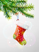 Empty christmas stocking hanging on pine twig. Best vector image for christmas, new years day, decoration, winter holiday, design, new years eve, etc