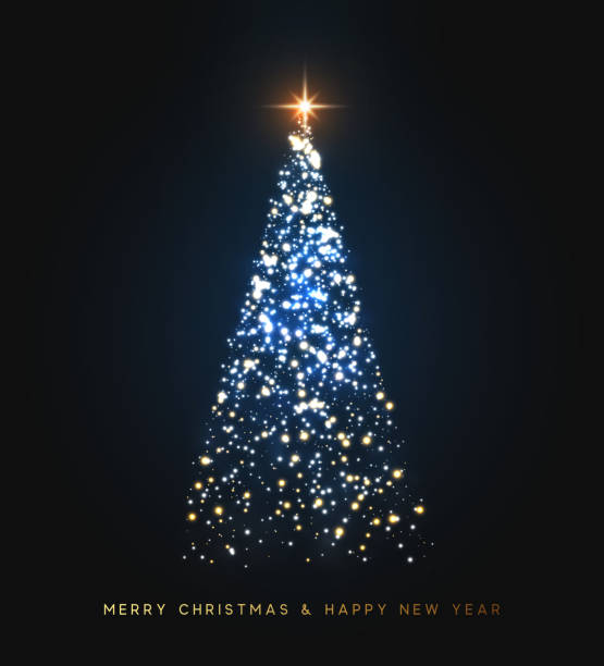 рождественская елка горит яркими огнями, сверкающими блестками. искра волшебный свет рождества дерева. поздравительная открытка с рождест - christmas tree stock illustrations