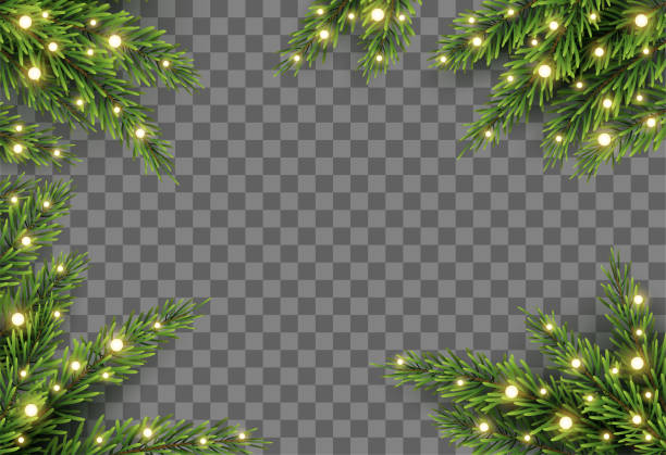 weihnachtsbaum-dekor mit tannenzweigen und lichtern auf transparentem hintergrund, vektor-illustration - christmas tree stock-grafiken, -clipart, -cartoons und -symbole