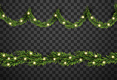 Christmas tree decor with fir branches and star on transparent background, vector illustration