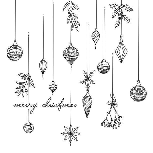 Christmas tree decoration Hand drawn black and white Christmas tree decoration, greeting card template with text christmas drawings stock illustrations