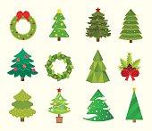 Christmas tree icons set. Christmas tree vector. New Year tree isolated. Christmas tree vector illustration. New Year tree silhouette. Christmas decoration, balls, tree, green tree. Set of Christmas tree flat design