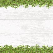 Christmas tree frame on wood plank white background. vector illustration.