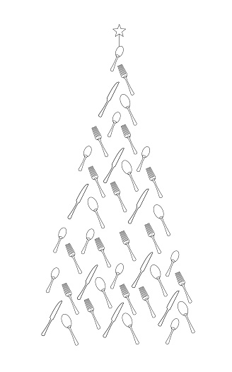 Christmas tree made of cutlery - forks, spoons and knives. Line drawing. Vector illustration.