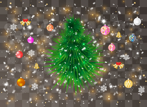 Christmas tree  on a transparent background. Snow for the new year.  Heavy snowfall, snowflakes in different shapes and forms.