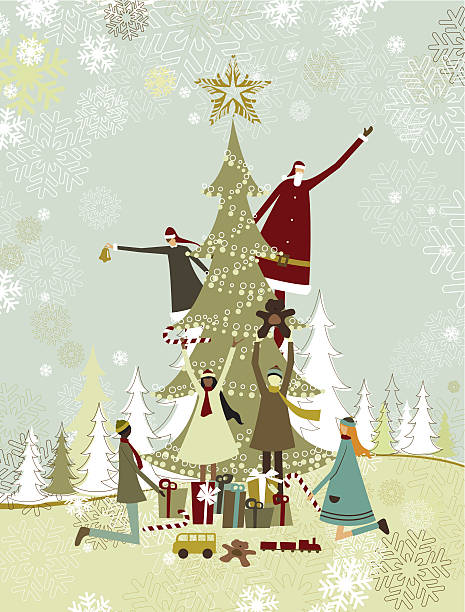 Christmas tree, santa and children vector art illustration